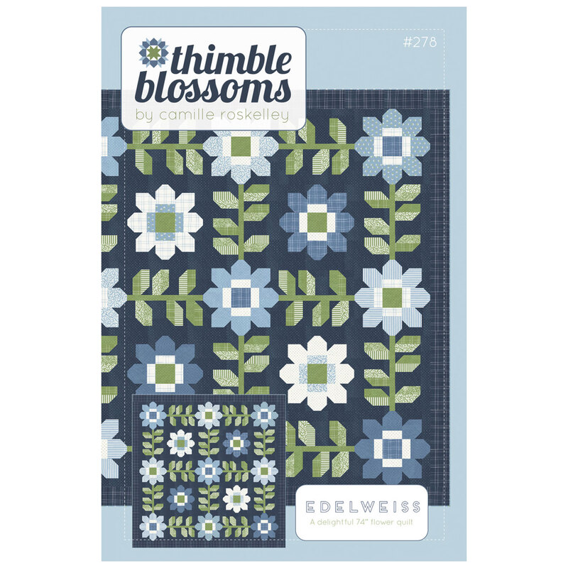 Front of pattern, showing a digital version of the finished quilt, in beautiful navy, periwinkle, and sage green