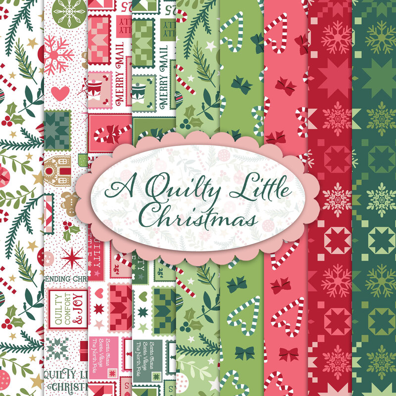 collage of fabrics in A Quilty Little Christmas in shades of red green and white 