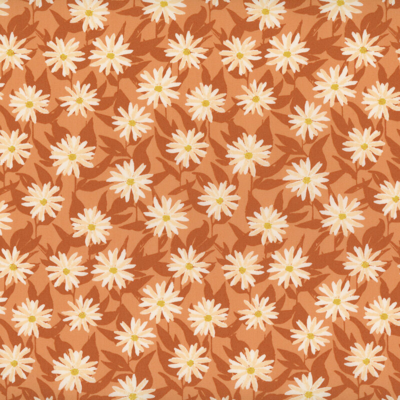 Fabric with cream daisies tossed on a terracotta orange background