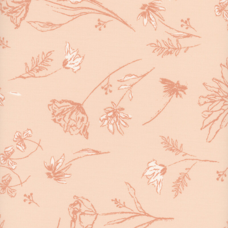 Peachy fabric with loose florals tossed across as though by a gust of wind