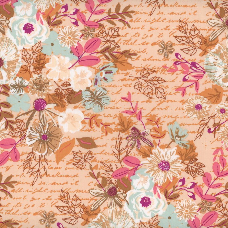Peachy print with sprawling bouquets of flowers over cursive tonal text