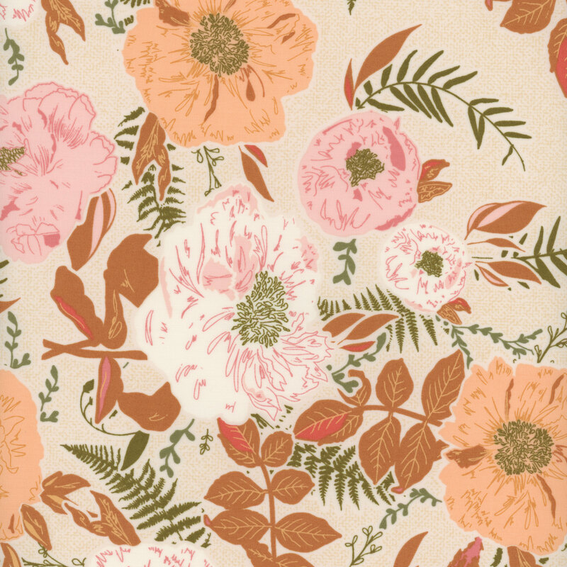 Large floral blooms with burnt sienna leaves on a light tan background