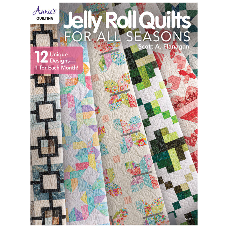 Front of pattern book displaying 6 finished jelly roll quilts artfully folded over each other