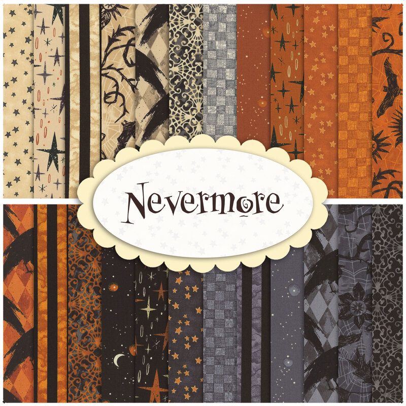 Composite collage of the 24 SKUs in the Nevermore collection, warm toned orange, cream, black, and gray