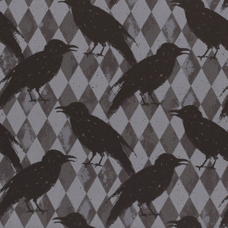 two-toned gray harlequin fabric, which includes scattered black crows, drawn in an ink-like texture