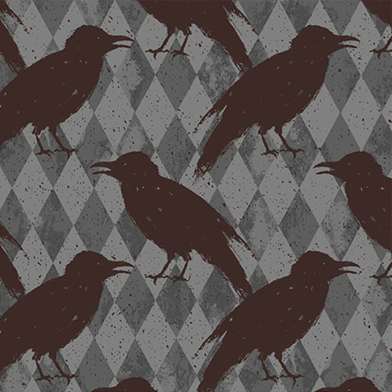 two-toned gray harlequin fabric, which includes scattered black crows, drawn in an ink-like texture