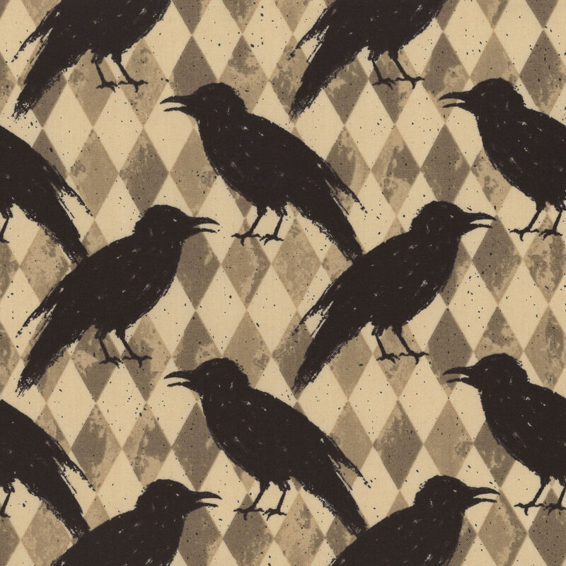 gray and cream harlequin fabric, which includes scattered black crows, drawn in an ink-like texture