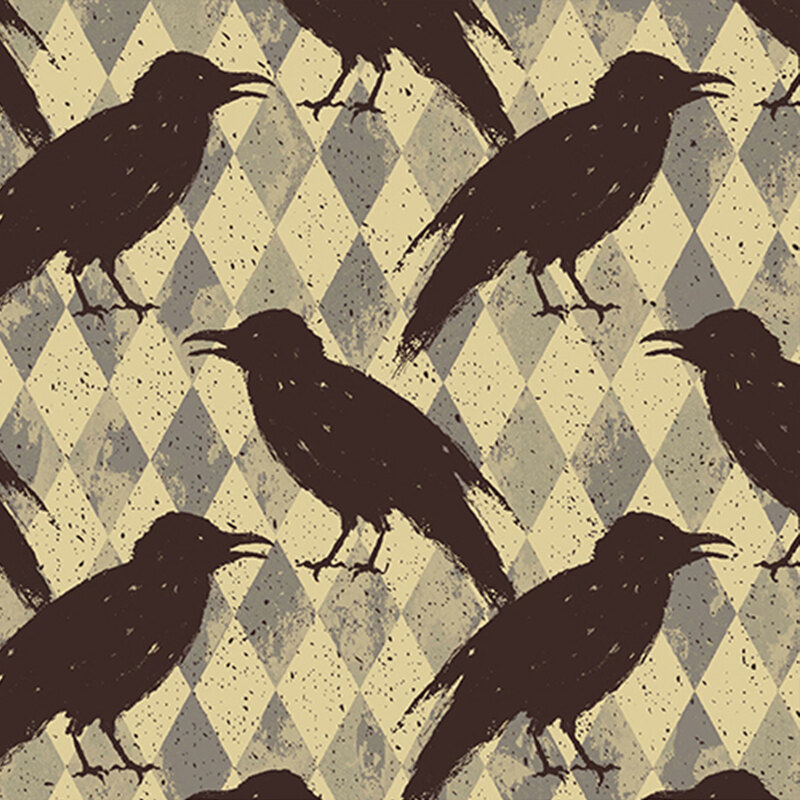 gray and cream harlequin fabric, which includes scattered black crows, drawn in an ink-like texture