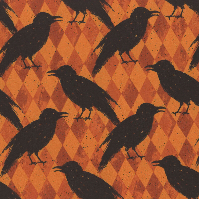 two-toned orange harlequin fabric, featuring scattered black crows, drawn in an ink-like texture