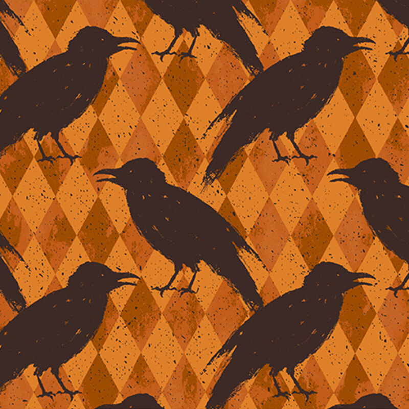 two-toned orange harlequin fabric, which includes scattered black crows, drawn in an ink-like texture