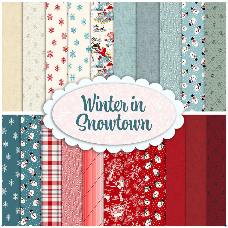 collage of all the Winter in Snowtown fabrics in shades of red, cream, and aqua