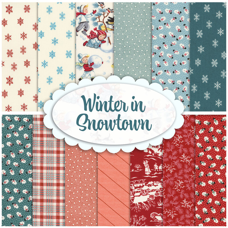 collage of all the Winter in Snowtown fabrics in shades of red, cream, and aqua