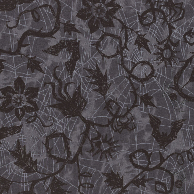 mottled gray fabric, featuring thin spiderwebs and hand drawn black thorny vines, with stylized flowers, bats, and spiders