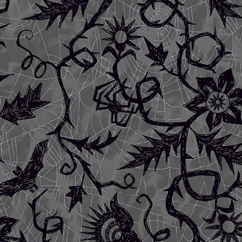 mottled gray fabric, featuring thin spiderwebs and hand drawn black thorny vines, with stylized flowers, bats, and spiders