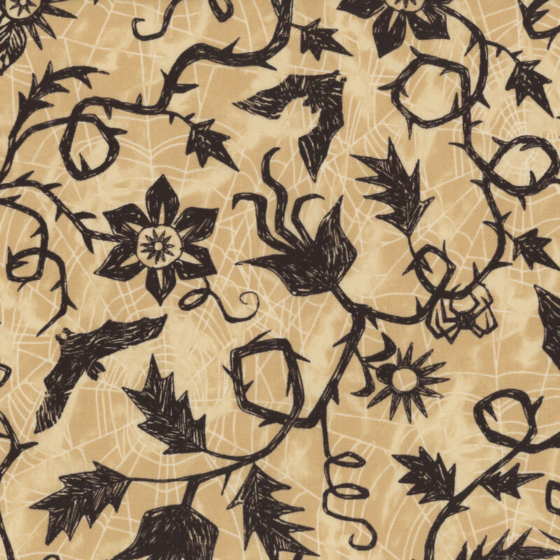 mottled cream fabric, featuring thin spiderwebs and hand drawn black thorny vines, with stylized flowers, bats, and spiders.