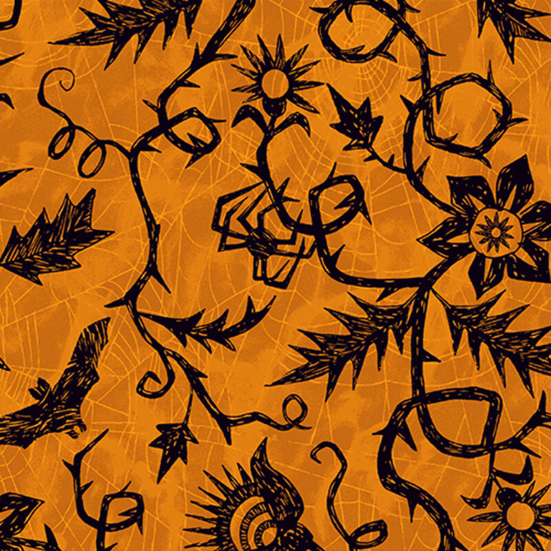 mottled orange fabric, featuring thin spiderwebs and hand drawn black thorny vines, with stylized flowers, bats, and spiders.