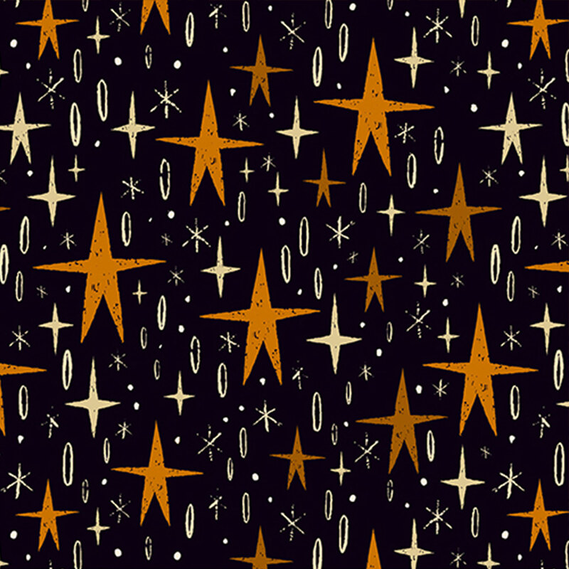 rich black fabric, featuring stylized orange stars, alongside various light yellow star motifs