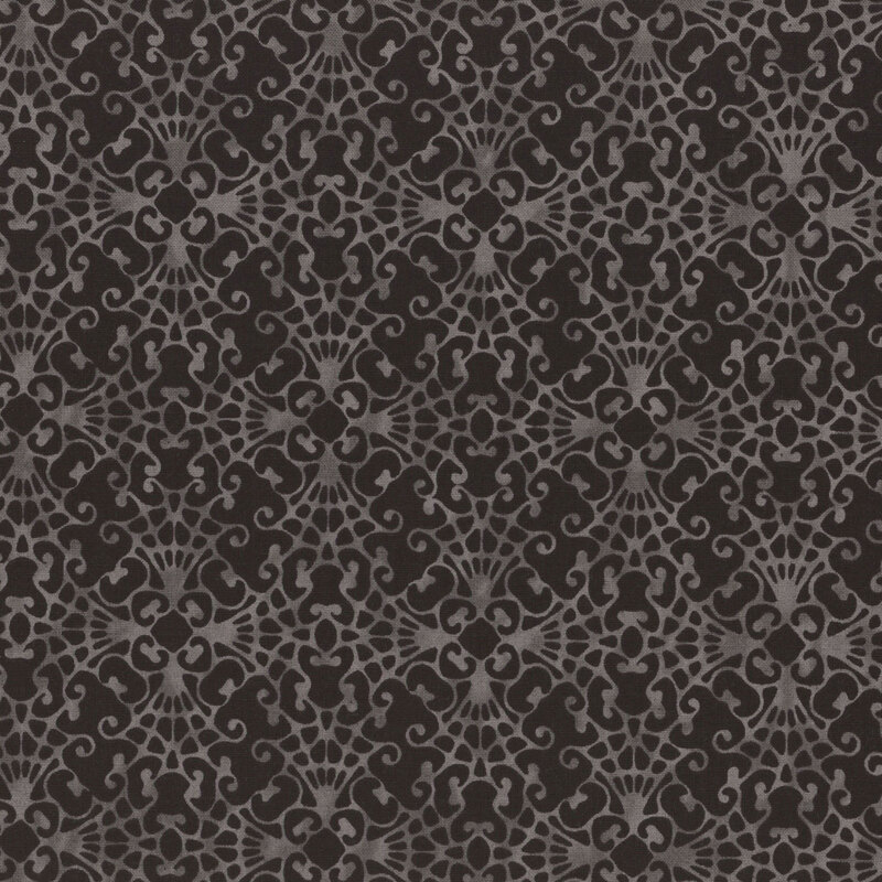 rich black fabric, featuring a mottled gray cobweb lace