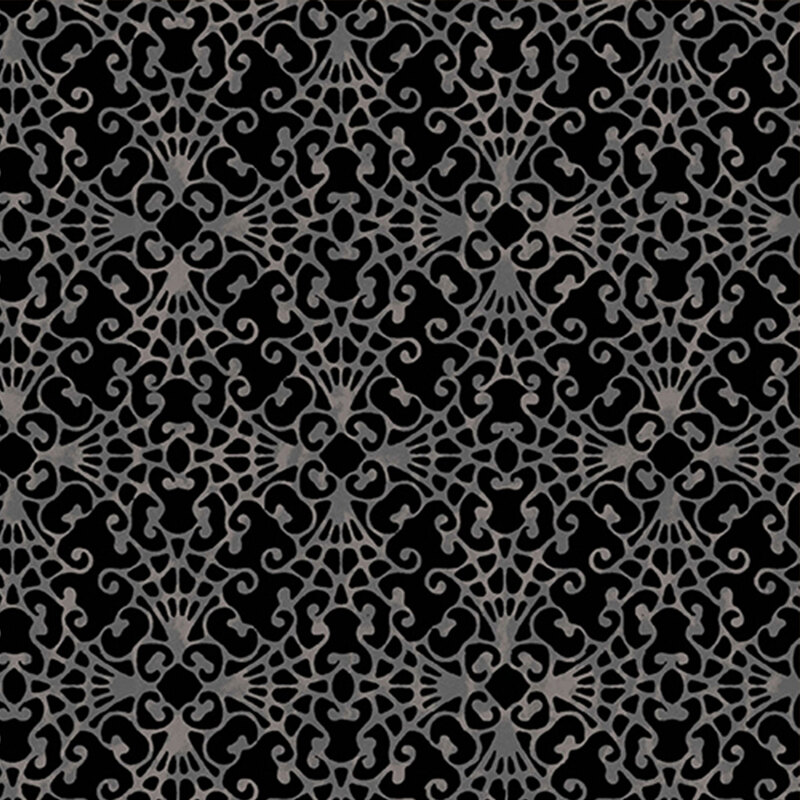 rich black fabric, featuring a mottled gray cobweb lace