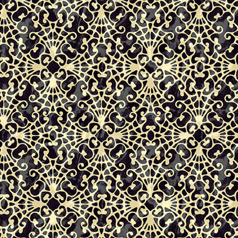 mottled black fabric, featuring a mottled cream cobweb lace