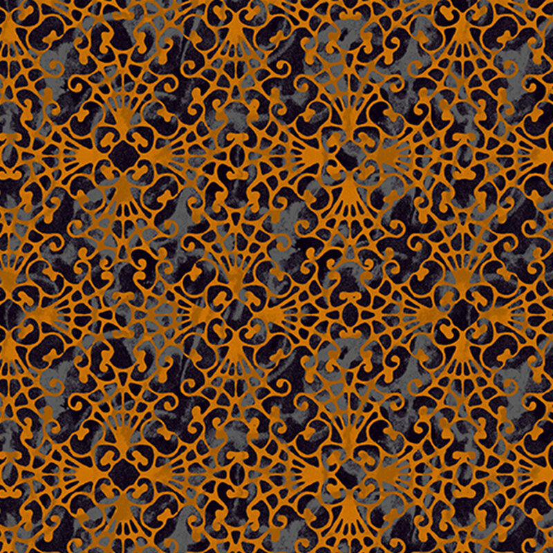 mottled black fabric, featuring a mottled orange cobweb lace