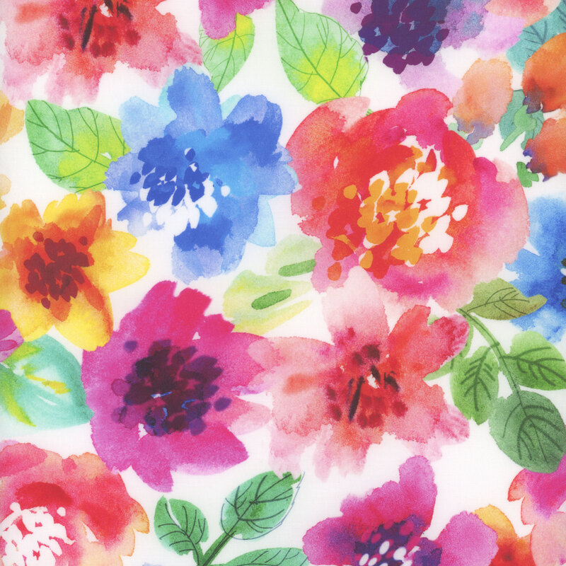 Large bright red, blue, yellow, and purple flowers on white fabric.
