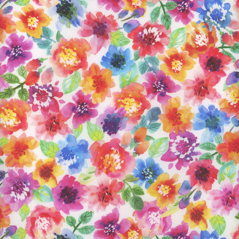 Small bright red, blue, yellow, and purple flowers on white fabric.
