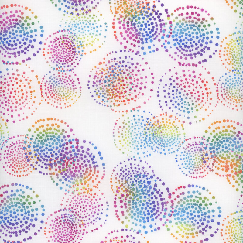 Small bright red, blue, yellow, and purple circle bursts on a white background.