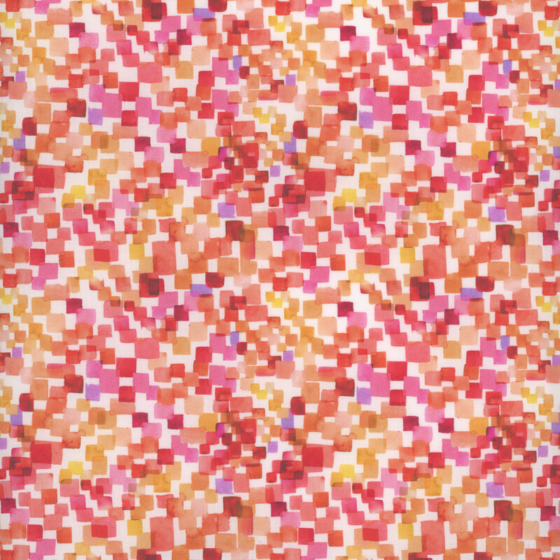 Small bright red, orange, and pink squares on white fabric.