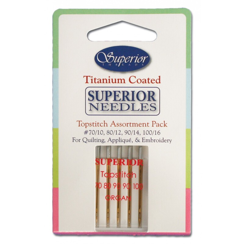 A pack of assorted Superior Topstitch Machine Needles, isolated on a white background