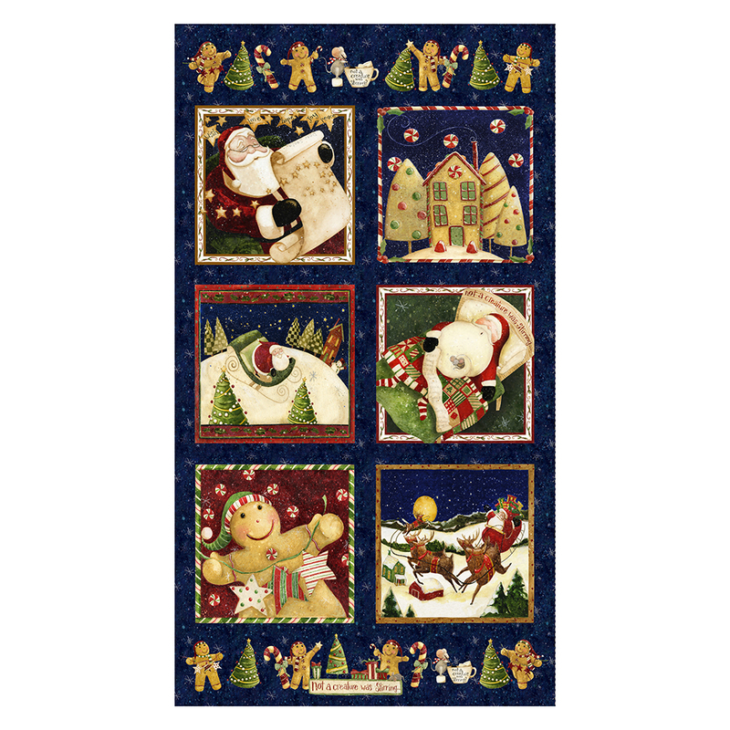 navy blue panel featuring 6 different Christmas scenes, including Santa, gingerbread cookies, and a snowy gingerbread village