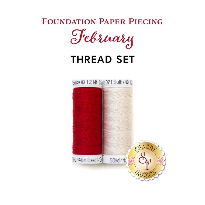 Isolated image of two spools of thread side by side, one red and one white with the words 