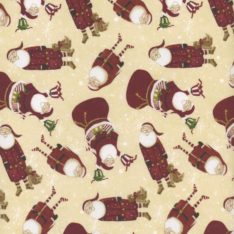 snowflake covered warm cream fabric adorned with scattered Santas and gift bags