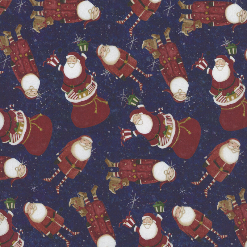 snowflake covered dark blue fabric adorned with scattered Santas and gift bags