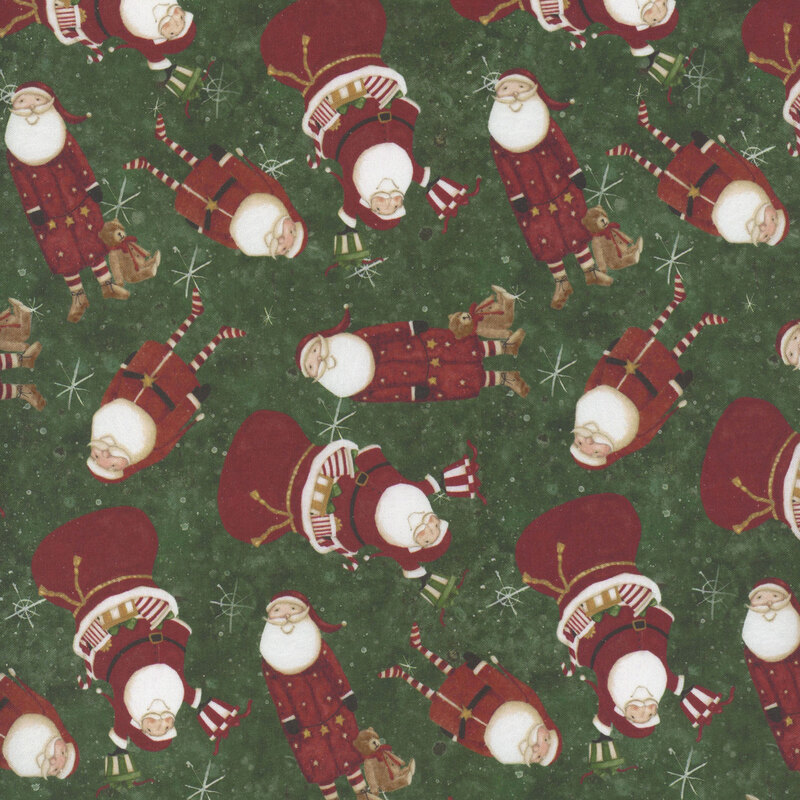 snowflake covered forest green fabric adorned with scattered Santas and gift bags