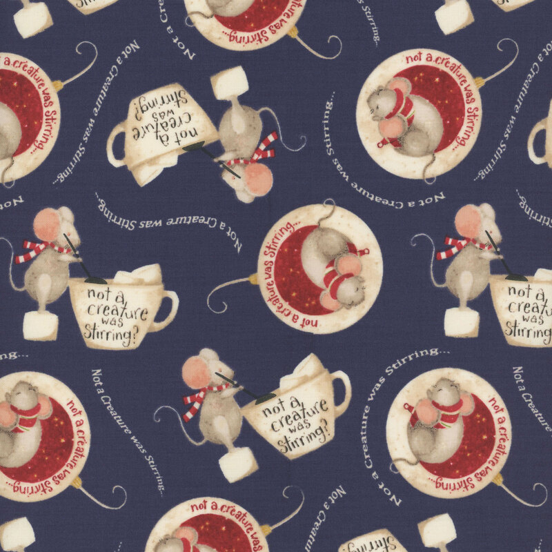 deep navy blue fabric adorned with sleeping mice in ornaments and mice stirring mugs of hot cocoa