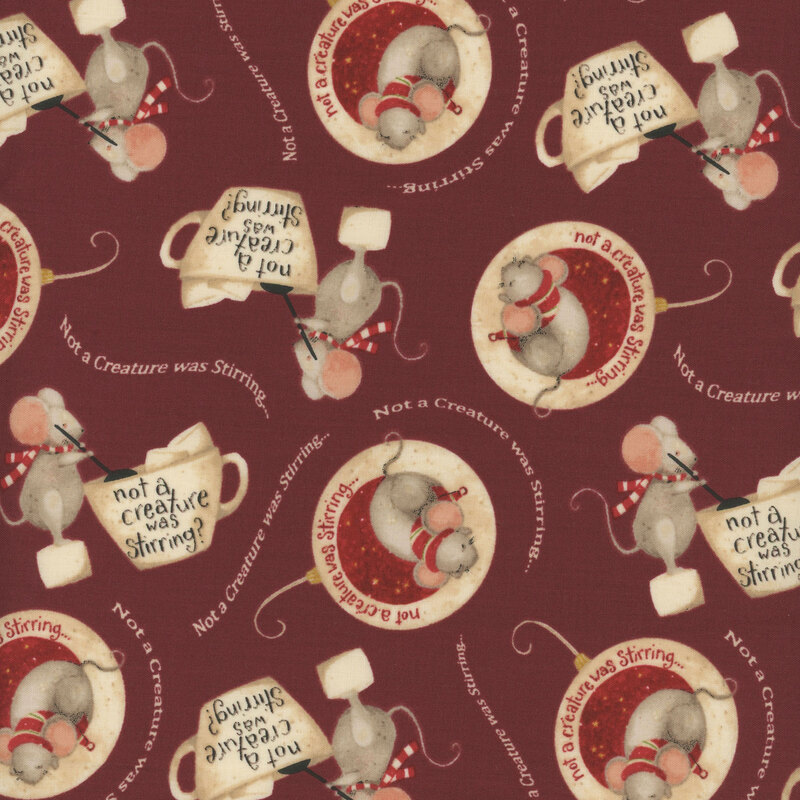 rich dark red fabric adorned with sleeping mice in ornaments and mice stirring mugs of hot cocoa