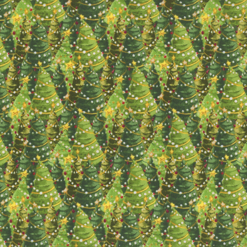 green fabric, featuring overlapping rows of Christmas trees decorated in white and red ornaments, golden yellow tinsel, and a bright yellow star on top