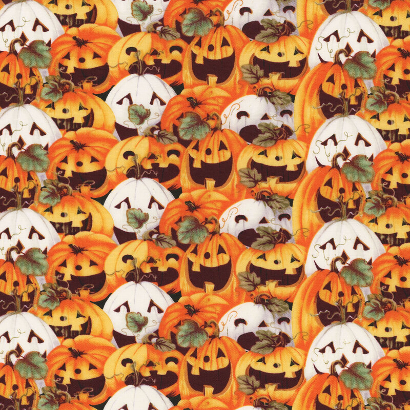 delightful Halloween fabric with packed together rows of white and orange jack o' lanterns