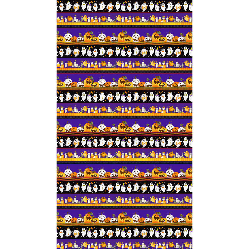 delightful indigo border stripe fabric with stripes of white and orange jack o' lanterns, ghosts, candy corn and owls, and thin stripes of plaid