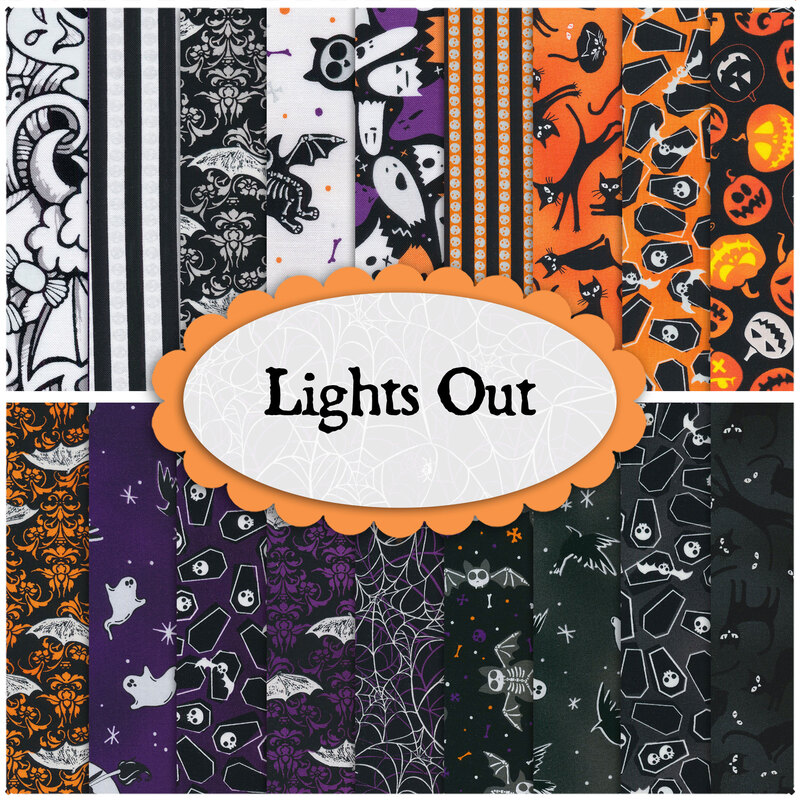 collage of fabrics in lights out in shades of purple, orange black and white of halloween designs and patterns
