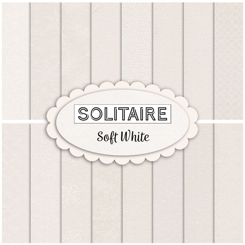 collage of fabrics in FQ set from the Solitaire collection in the Soft White colorway