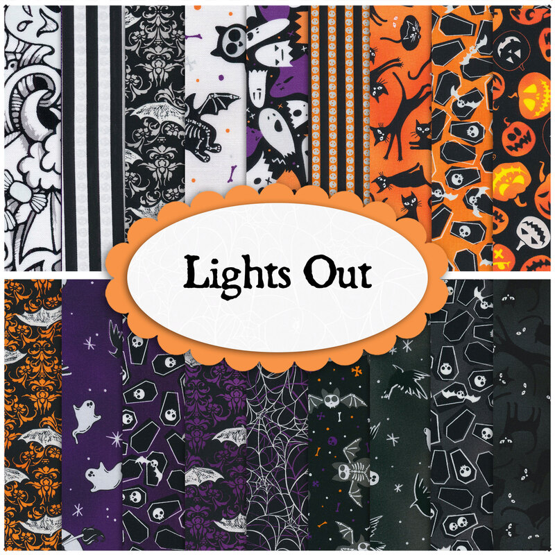 collage of Halloween fabrics in lights out in shades of purple, orange black and white of halloween designs and patterns
