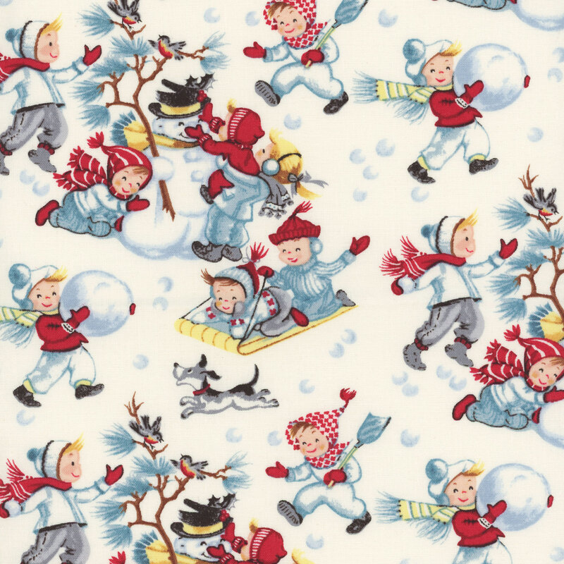 adorable white fabric featuring vintage style scenes of children playing in the snow, sledding, and making a snowman