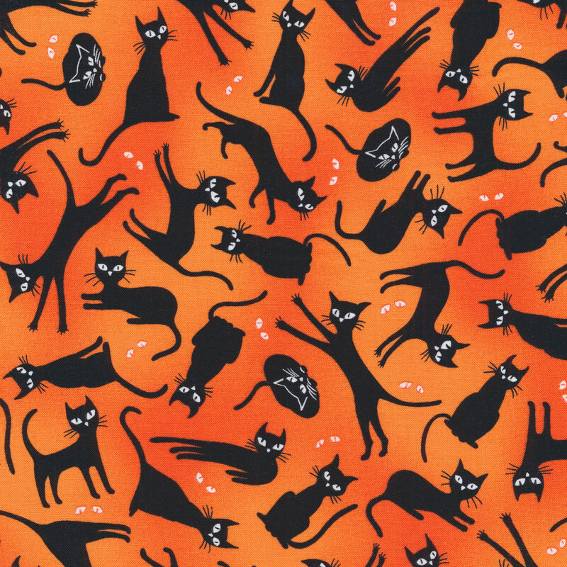 fabric featuring black cats and white cat eyes on a orange background