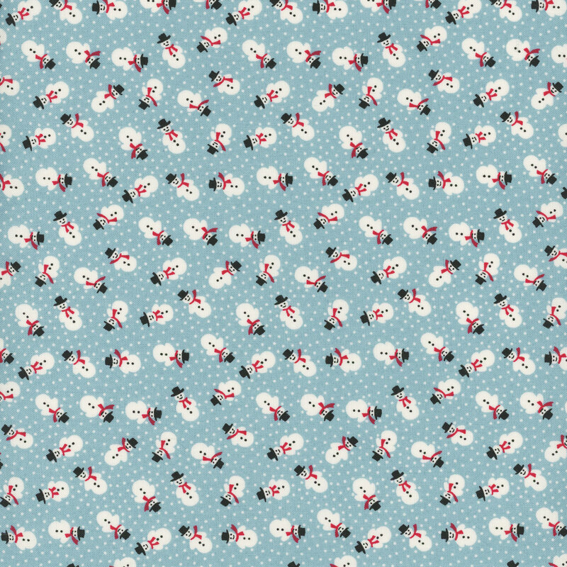 adorable light blue fabric featuring tiny scattered snowmen and white pindots