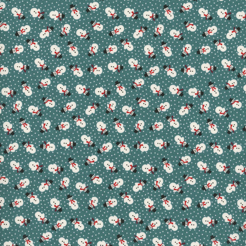 adorable teal fabric featuring tiny scattered snowmen and white pindots