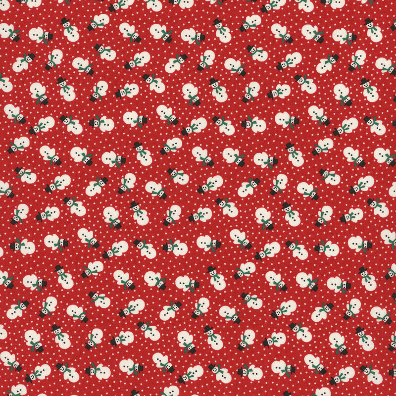 adorable red fabric featuring tiny scattered snowmen and white pindots