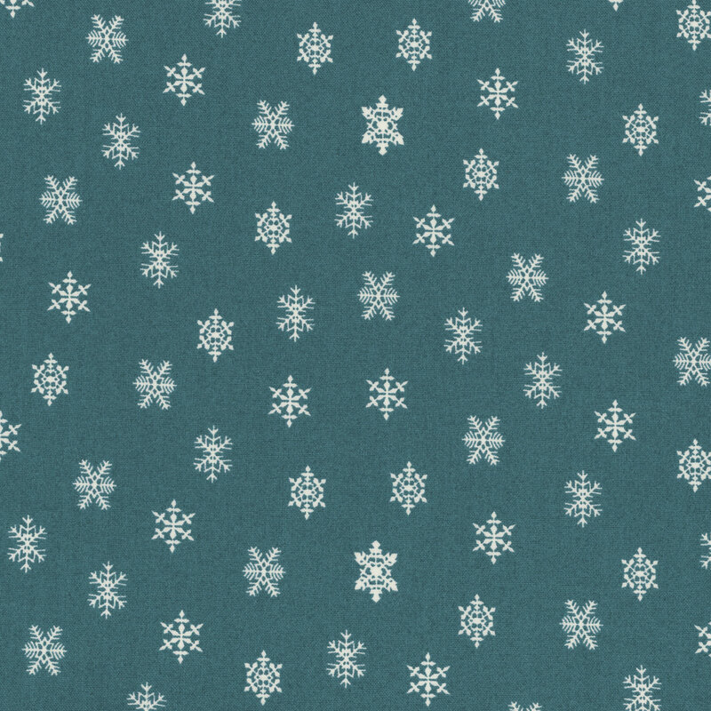 lovely teal fabric featuring scattered white snowflakes