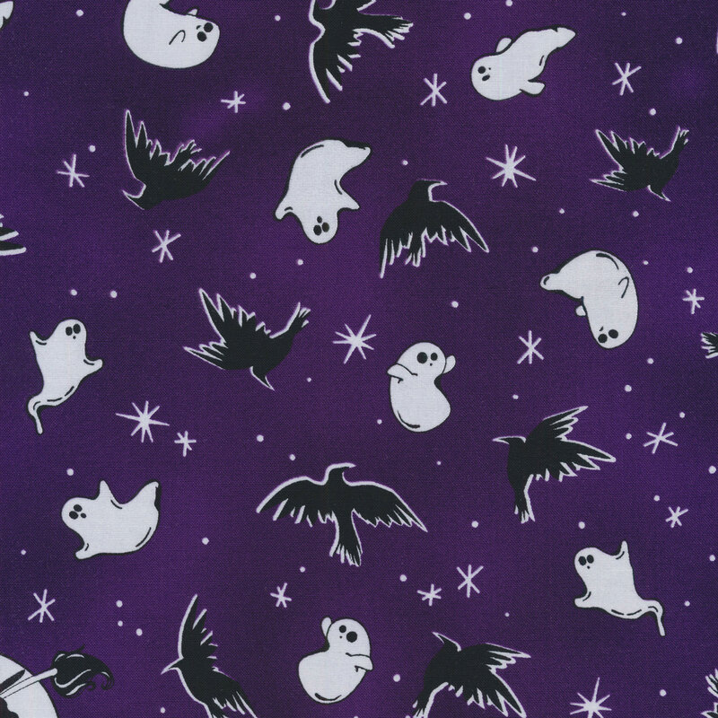 fabric featuring tossed ghosts, crows, stars and dots on a purple background